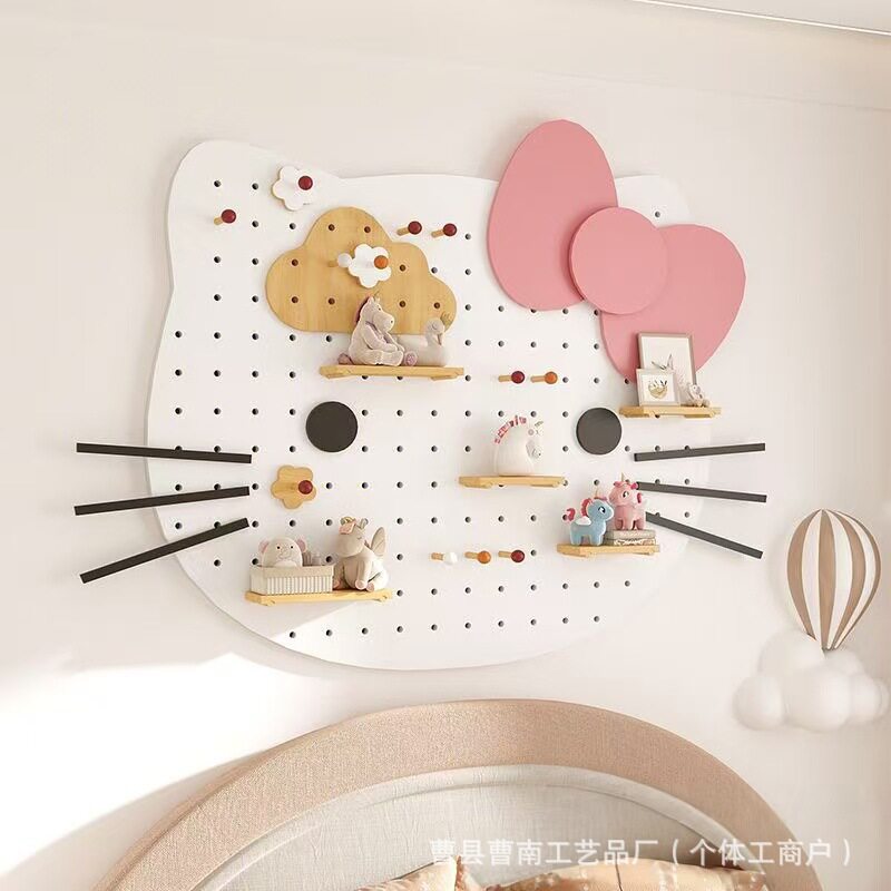 实木卡通hellokitty猫咪洞洞板装饰架儿童房墙面隔板置物架洞洞板