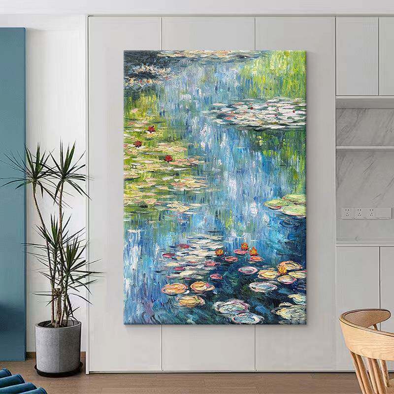 莫奈睡莲手绘油画荷饰叶荷塘风景世界画装画客厅INB挂画玄理关名