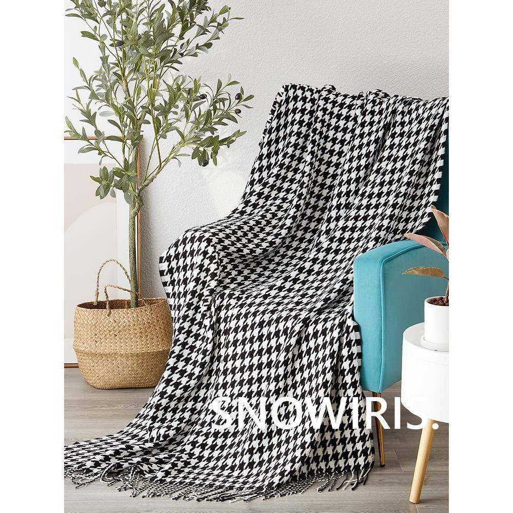 B装X62板搭毯简约经典千鸟格流苏盖毯床尾巾百样搭F766T5M5软饰午