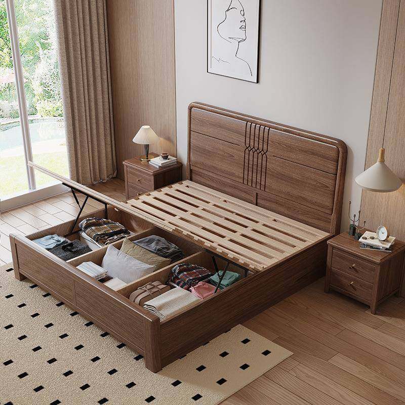 床现代简约中胡桃木W1-812#实木双人床小户式型储轻物主卧家用奢