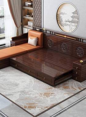 新中式金15376实木沙发床组木合客花厅大小户型罗汉床雕伸缩乌木