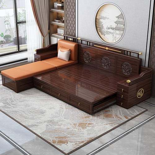 新中式金15376实木沙发床组木合客花厅大小户型罗汉床雕伸缩乌木