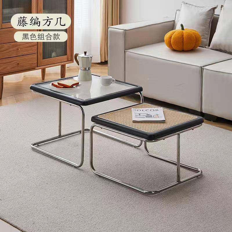 日式实藤编玻璃形茶几桌组合小方台户型阳客木厅家用沙发床头9662