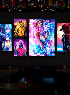 网咖KTV吧墙壁画博朋克38943风霓虹LE赛酒D光挂画电竞酒店房间装