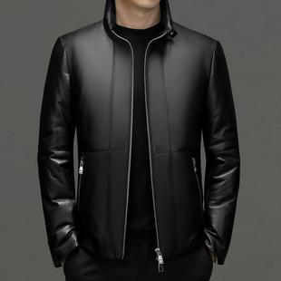 頭層綿羊皮真皮皮衣男2023冬季 立領商務青年羽絨服外套皮夾克 新款