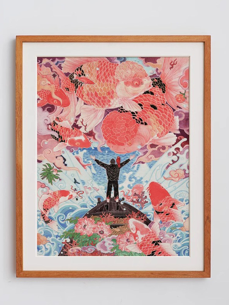 新中国风锦鲤背景墙装饰画老虎国风吉祥莲书房办公室餐厅装饰挂画