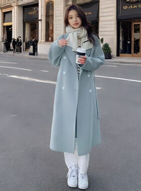 蓝色韩系通勤呢大衣2025年秋冬新款韩版宽松中长款系带毛呢外套女