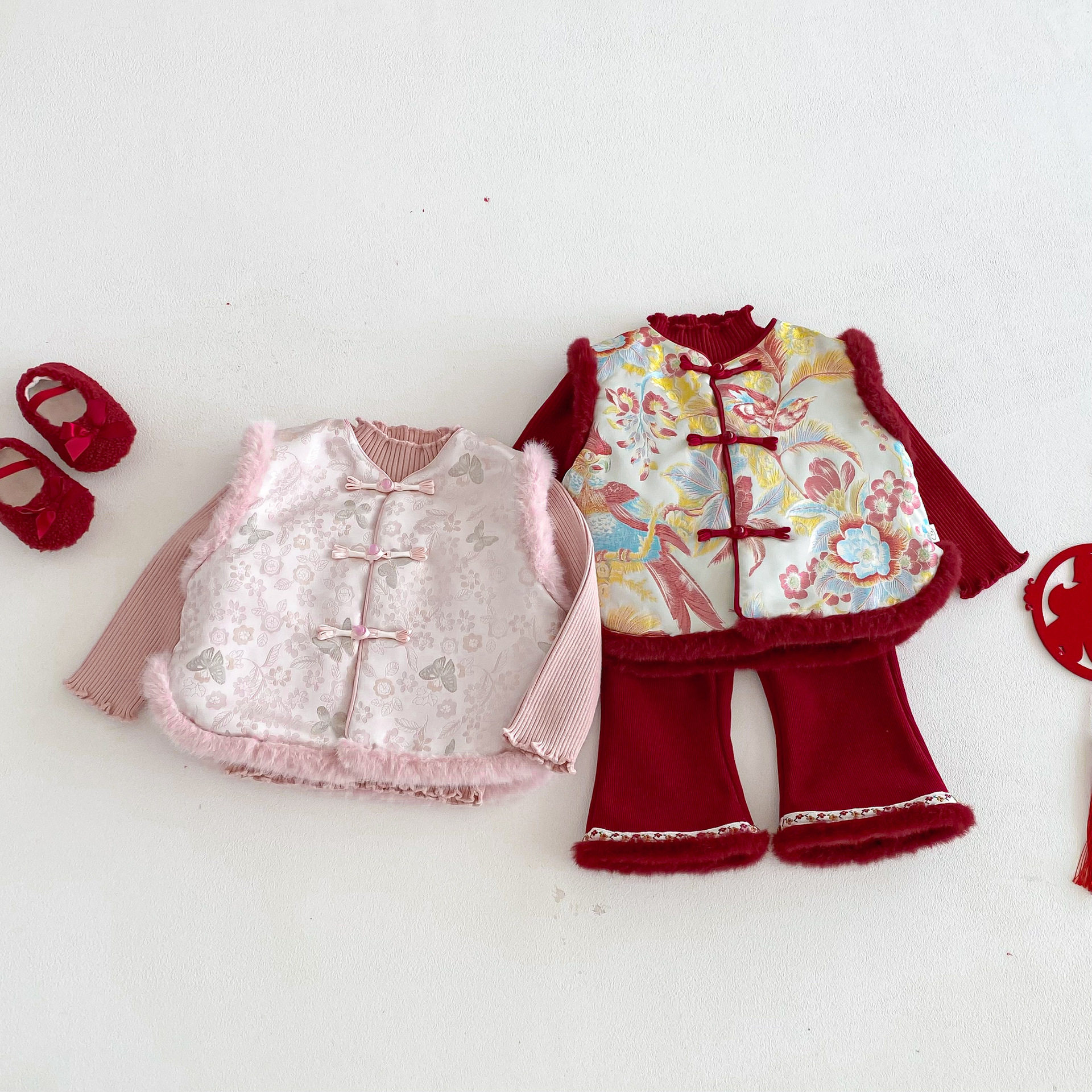 女童冬季2025中式马甲套装新款国风加厚加绒宝宝拜年服加绒喇叭裤,童装/婴儿装/亲子装,套装,淘宝优惠券,粉丝福利购,淘宝优惠卷