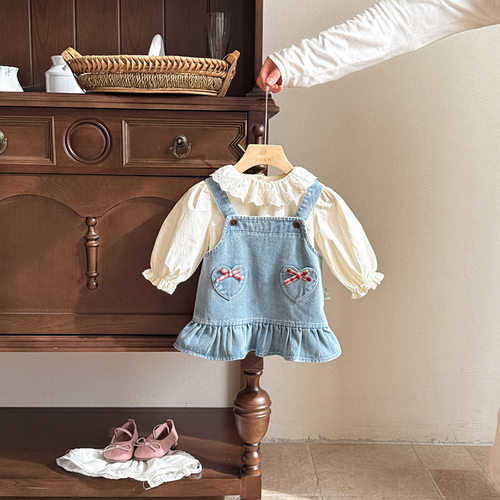 女童春秋季牛仔背带裤打底套装