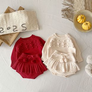 婴儿秋冬套装女宝宝针织毛衣短裤裙两件套儿童新款新年年服外出服