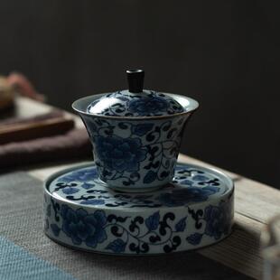 复古青花单个高档盖碗中式陶瓷功夫茶具大碗茶杯