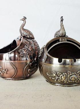 全球同步金属电镀5D立体孔雀烟灰缸防风防烟办公桌摆件家居装饰