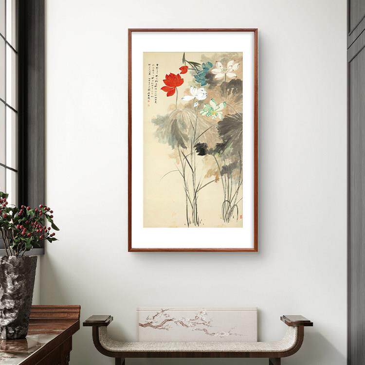 发(五色荷花花)卉IGK山水玄关沙版背景墙竖装饰画新中式中国风