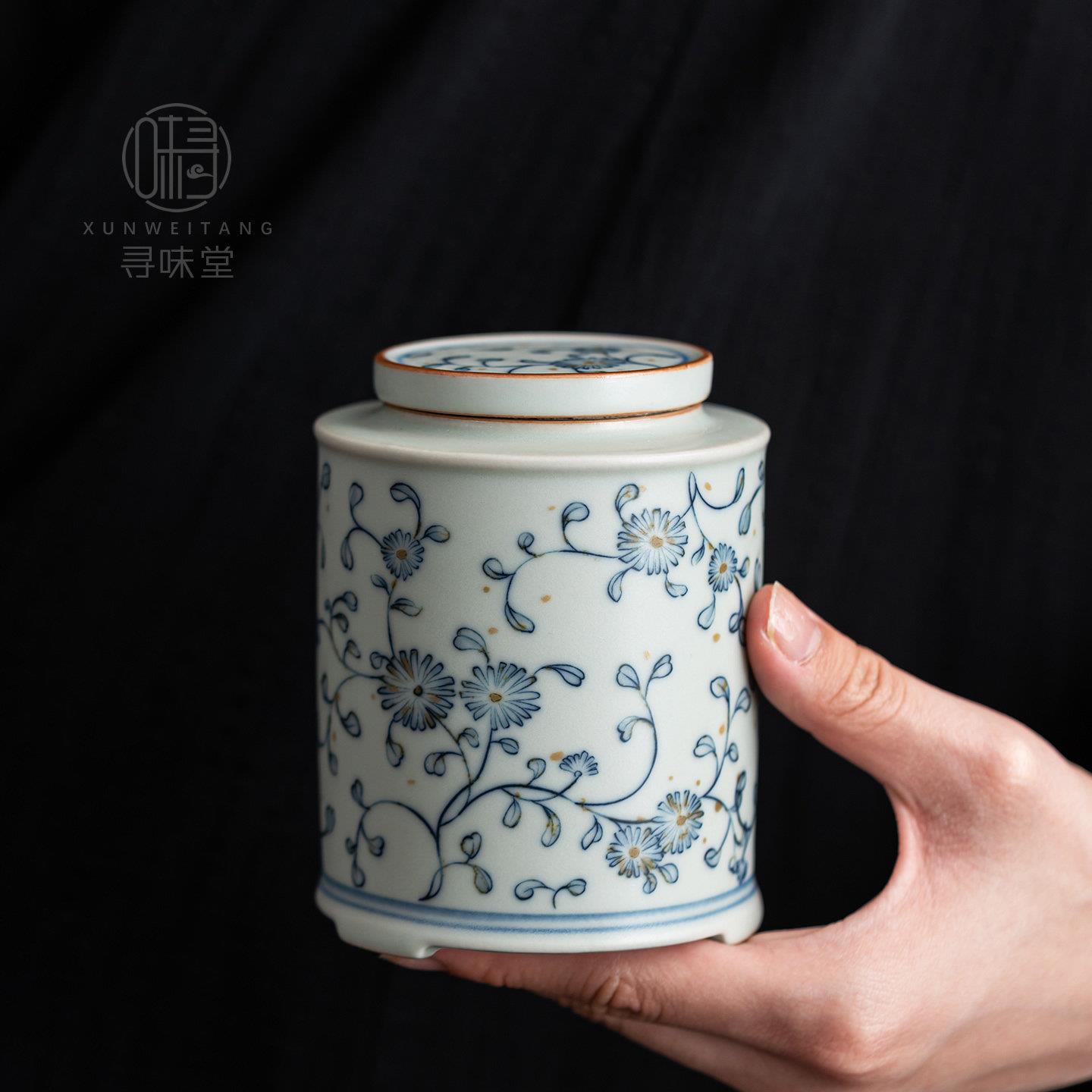 LTW仿瓷古青叶花汝窑彩茶罐｜复古亚青釉下密封罐家用茶仓陶功夫