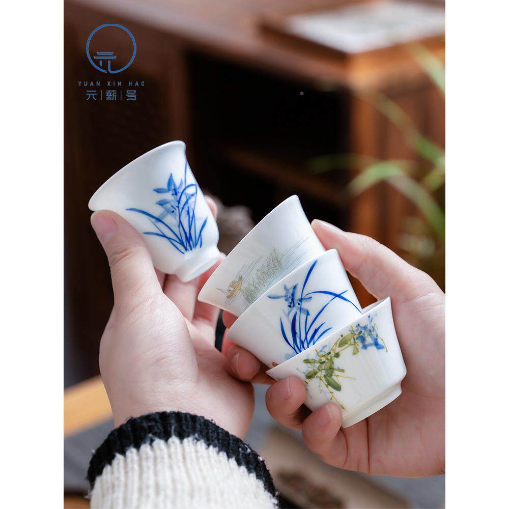 元薪Y019号手绘主人杯单马陶杯中式蹄杯兰花喝茶杯闻香杯茶具瓷套