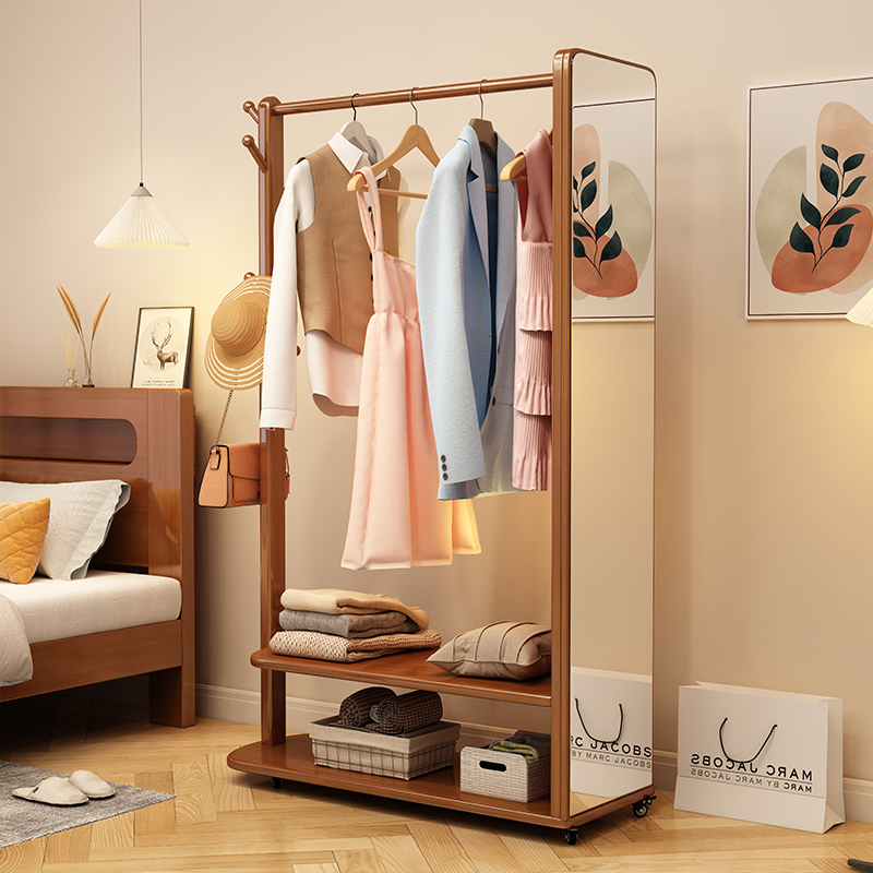 速发实木衣帽衣全身衣落一体衣架可移动挂架架镜地卧室置物架家用