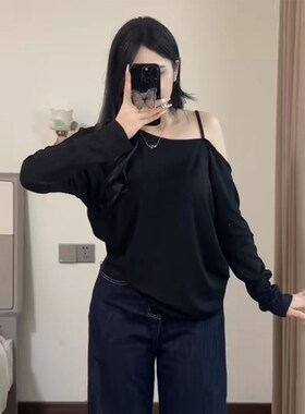 速发大码黑色长袖4恤202t气款宽松新质设计感斜肩上衣