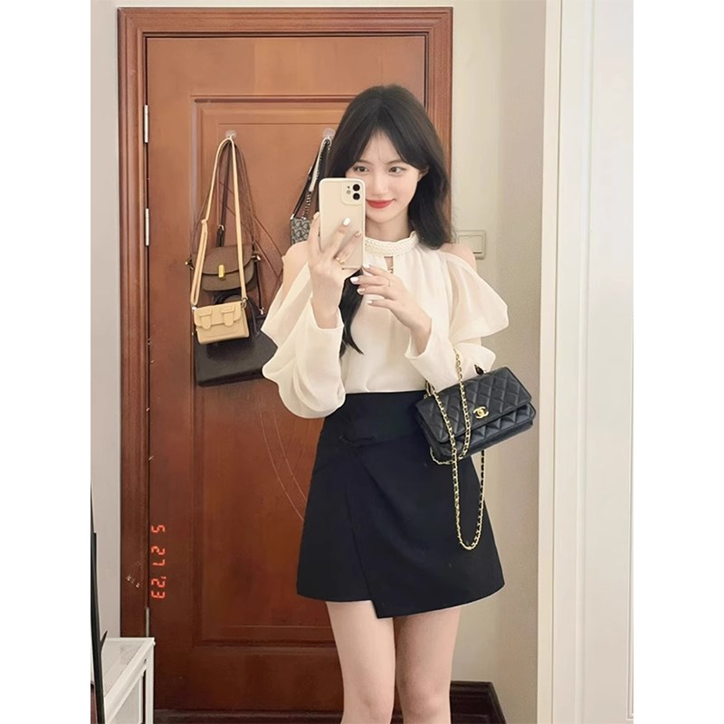 速发高衬感白色挂脖露肩秋装级衣法式绝美上衣减龄裙子套装