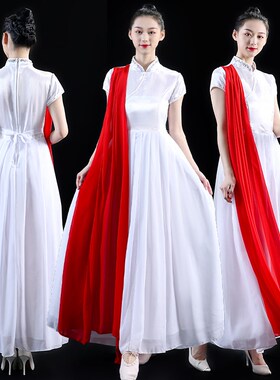 速发天耀演开表中服白色大合唱演出服长裙红歌比赛服装华场舞连衣