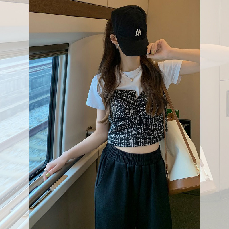 速发美式复古正肩T恤夏季复025港味c古2h吊带套装上衣
