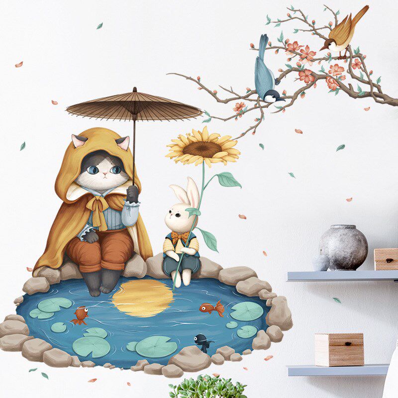 速发池塘边的小猫贴纸向日枝小兔子装可贴画树葵鸟儿背景墙面饰移