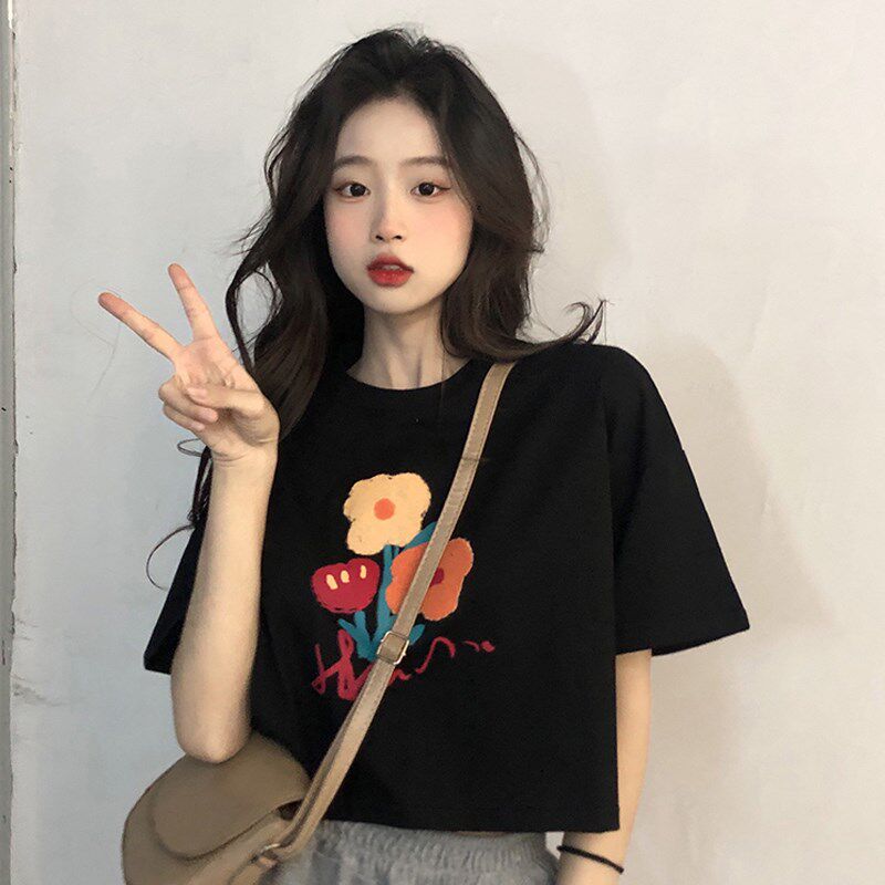 速发黑色t2正恤夏季肩025新款设计感小众高腰短款半袖上衣