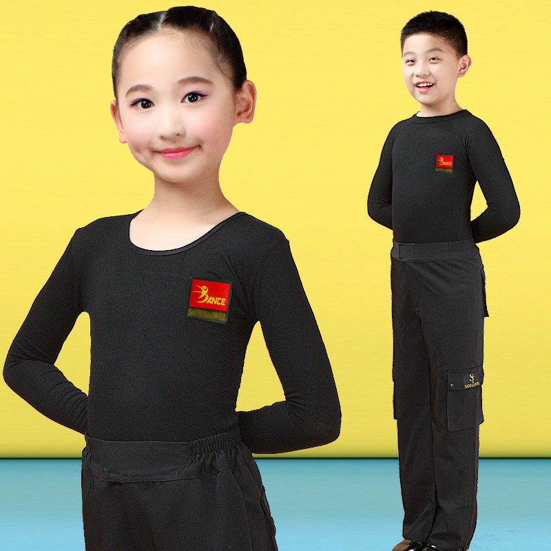 速发男童拉丁少上衣舞儿儿童童男长孩国旗黑色孩袖舞蹈练功服