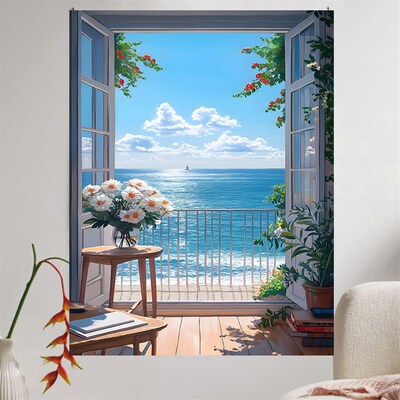 速发窗外景上风海背景布治愈系挂布卧室床头墙壁遮丑布房装间饰画