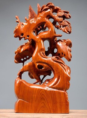 速发花居木雕松鹤延年摆件实送家梨客厅玄关装饰品红木贺寿木礼工