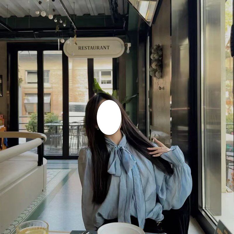 现货速发大码法式蓝色蝴蝶结系带春季内搭飘带衬衣高级感袖上衣