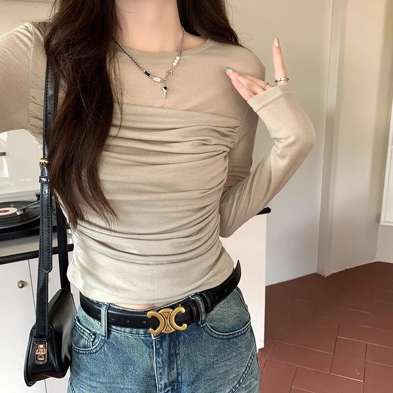 速发网纱长袖t恤薄款内搭甜美上款绝美短衣正肩早底衫打秋