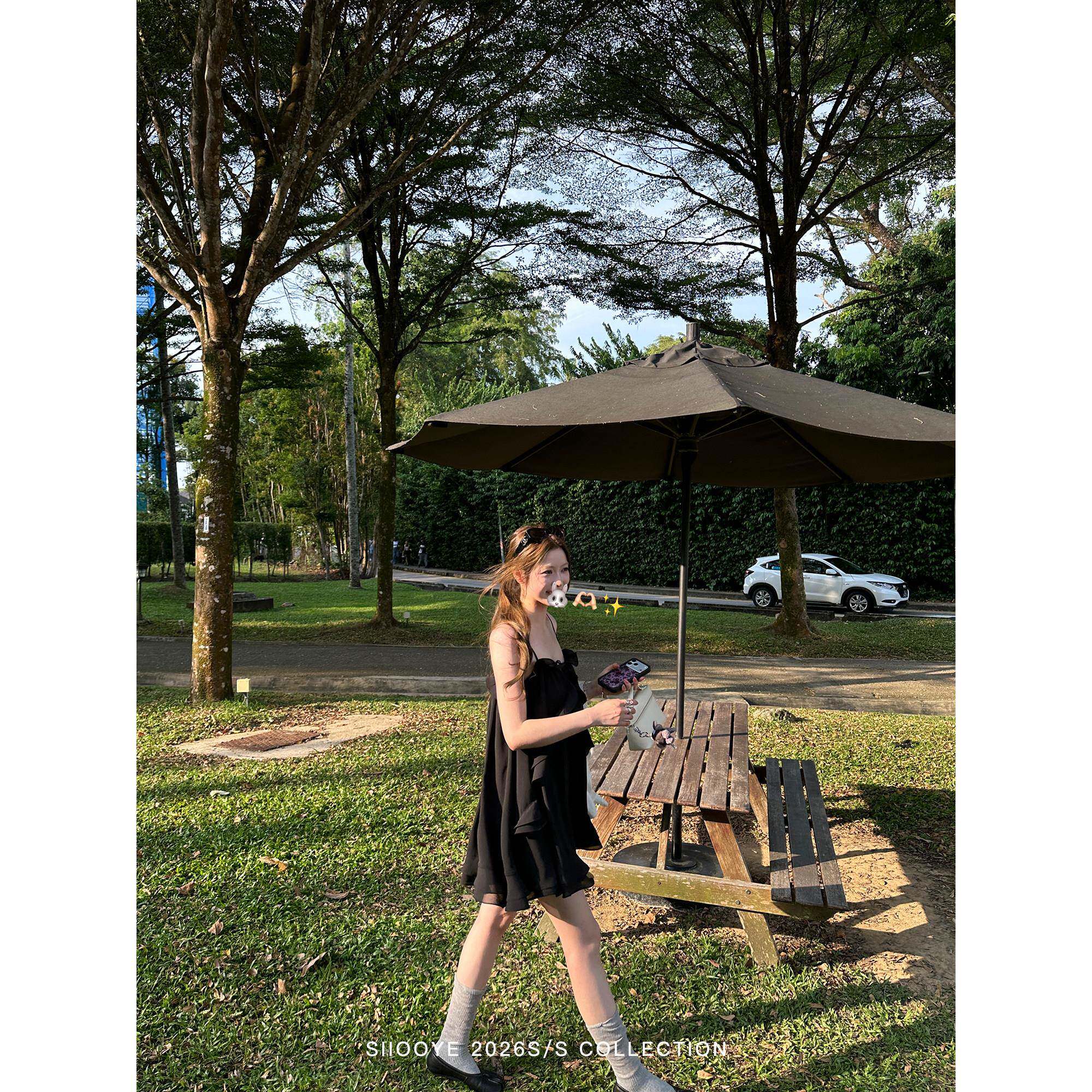 短Seiooy日常i私服线 黑色多层荷叶边吊带ss266031裙洋装女夏气质