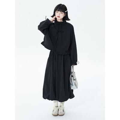 夏装黑百褶裙夏装松紧色带宽腰覆AGR古小a字松裙