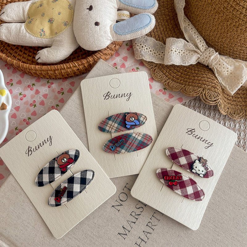 新款复古格纹kt猫小熊儿童bb夹