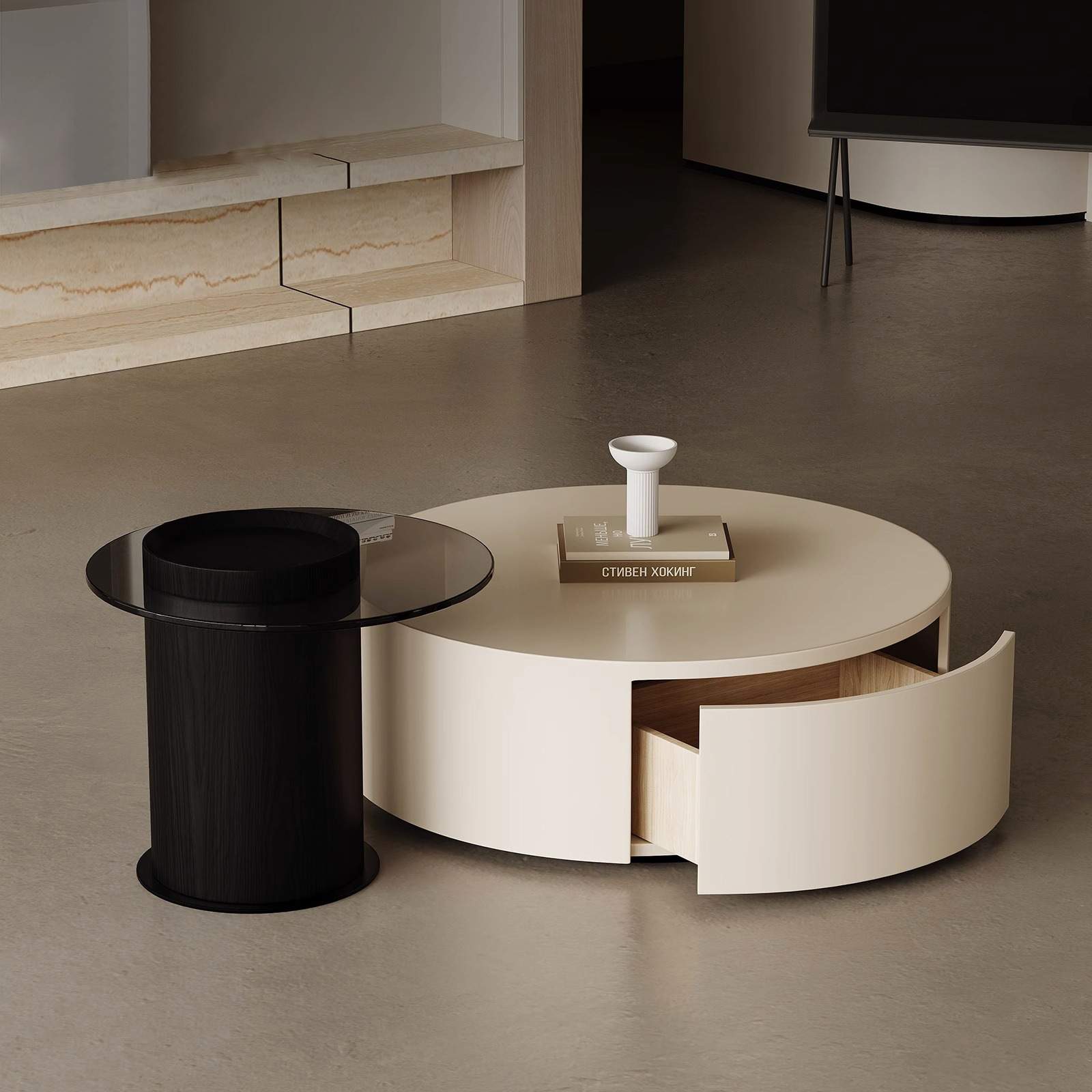 客厅家用简约茶几电视柜组合轻法式奶油风茶台大小圆形设计师茶几