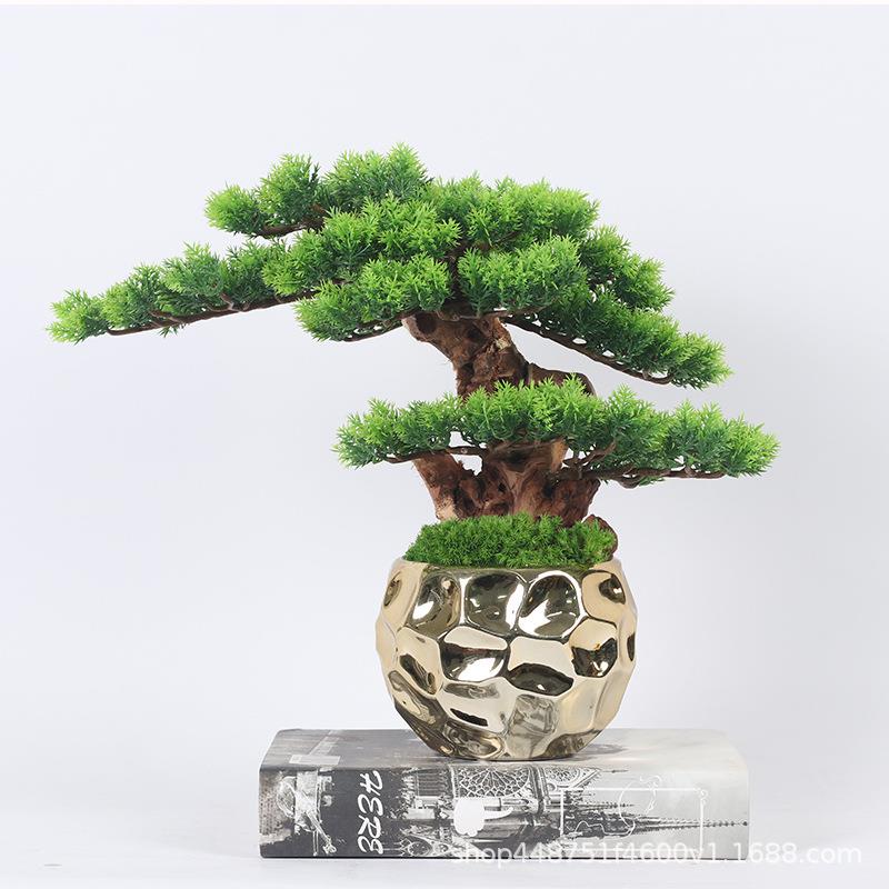 新中式日式仿真崖柏绿植盆景书房茶几茶室长辈房样板房售楼部摆件