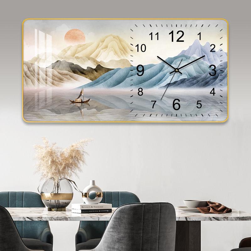 山水画客厅挂钟装饰画中国风表钟挂墙客厅静音石英钟免打孔挂钟