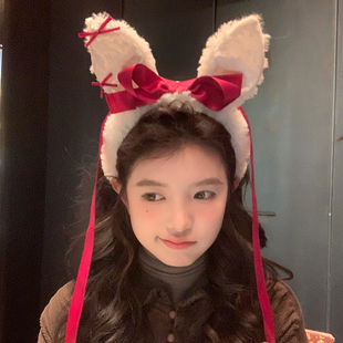 【我的脸很圆】拍照出片可爱头饰毛绒兔耳朵发箍甜美氛围飘带头箍