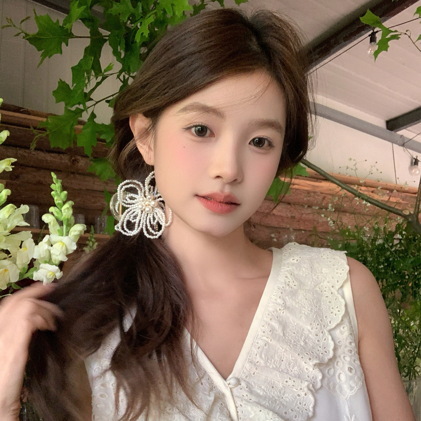 【我的脸很圆】韩系爆款珍珠花朵抓夹精致手工串珠盘发中号抓夹女
