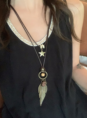 【我的脸很圆】民族风禅意金属羽毛吊坠项链长款古铜色叠戴毛衣链