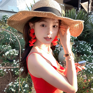 【我的脸很圆】波西米亚风红色薄纱花朵耳环度假风复古夸张耳环女