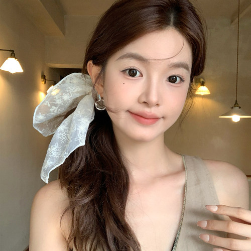 【我的脸很圆】小众设计米白刺绣蝴蝶结发绳简约百搭飘带发圈发饰