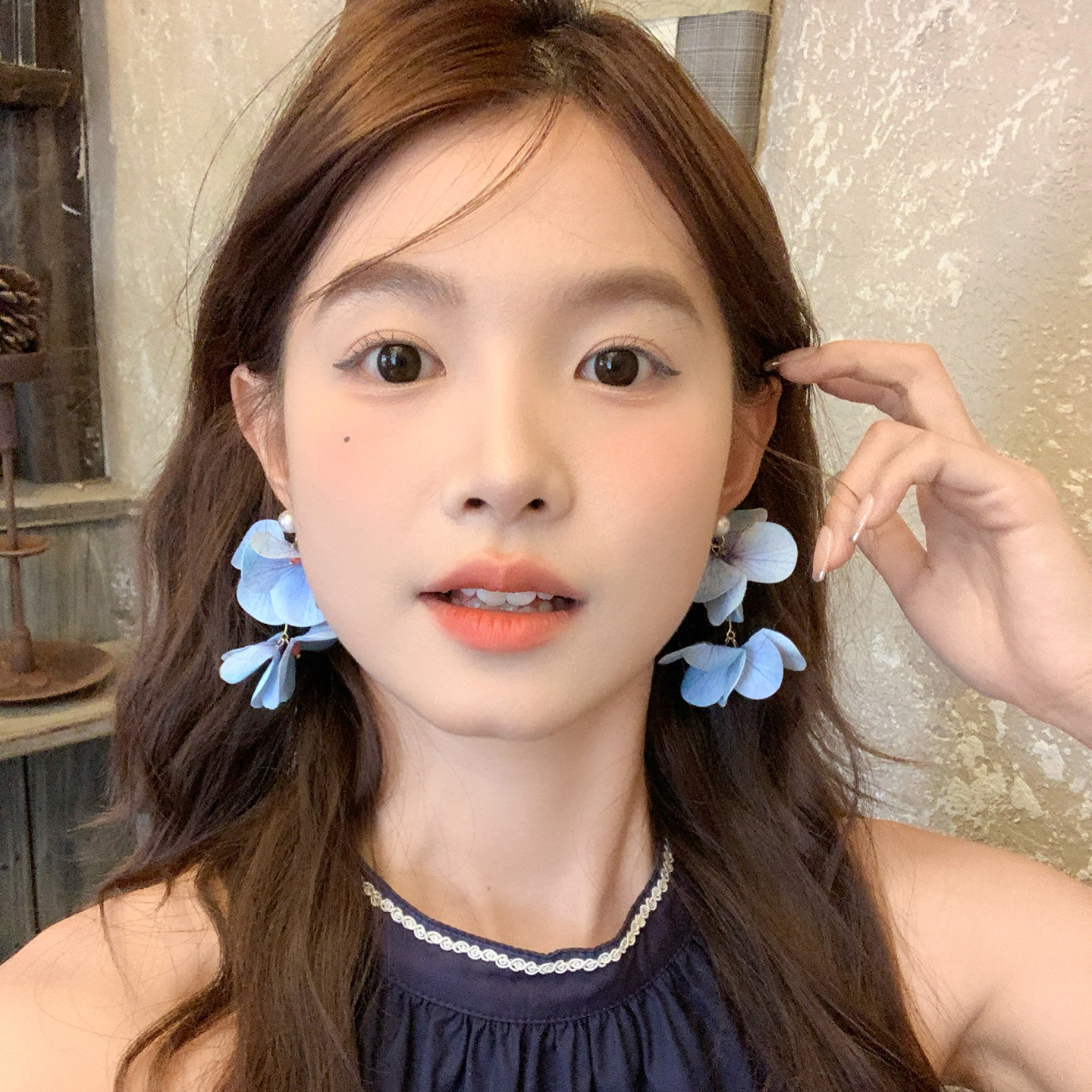 【我的脸很圆】小清新蓝色花朵吊坠耳环甜美小花珍珠耳环耳饰女生