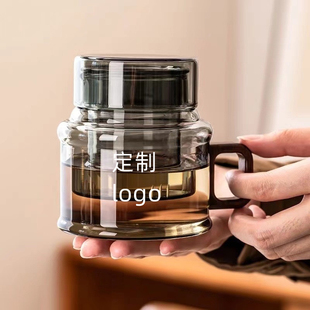 高档带把手玻璃茶杯定制logo个人泡茶专用耐高温茶杯办公室刻字印