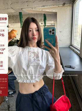 牙套大汪【nini】2025夏季新款白色五分泡泡袖正反2穿女士衬衫