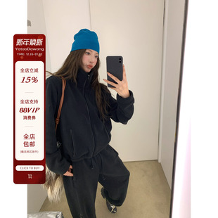 休闲套装 摇粒绒立领防水拉链外套抽绳长裤 蓝莓绒糕 牙套大汪