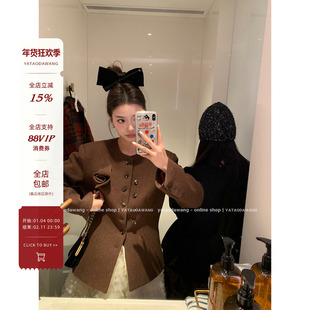 牙套大汪【英式红茶】纯羊毛毛呢独特漂亮初春外套女装短款上衣