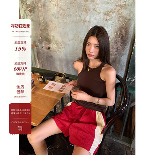 牙套大汪【open酷酷】百搭休闲裤撞色休闲运动美式三条杠抽绳短裤