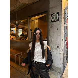 设计感小众修身 牙套大汪 女内搭长袖 满花蕾丝打底衫 上衣 岛屿花