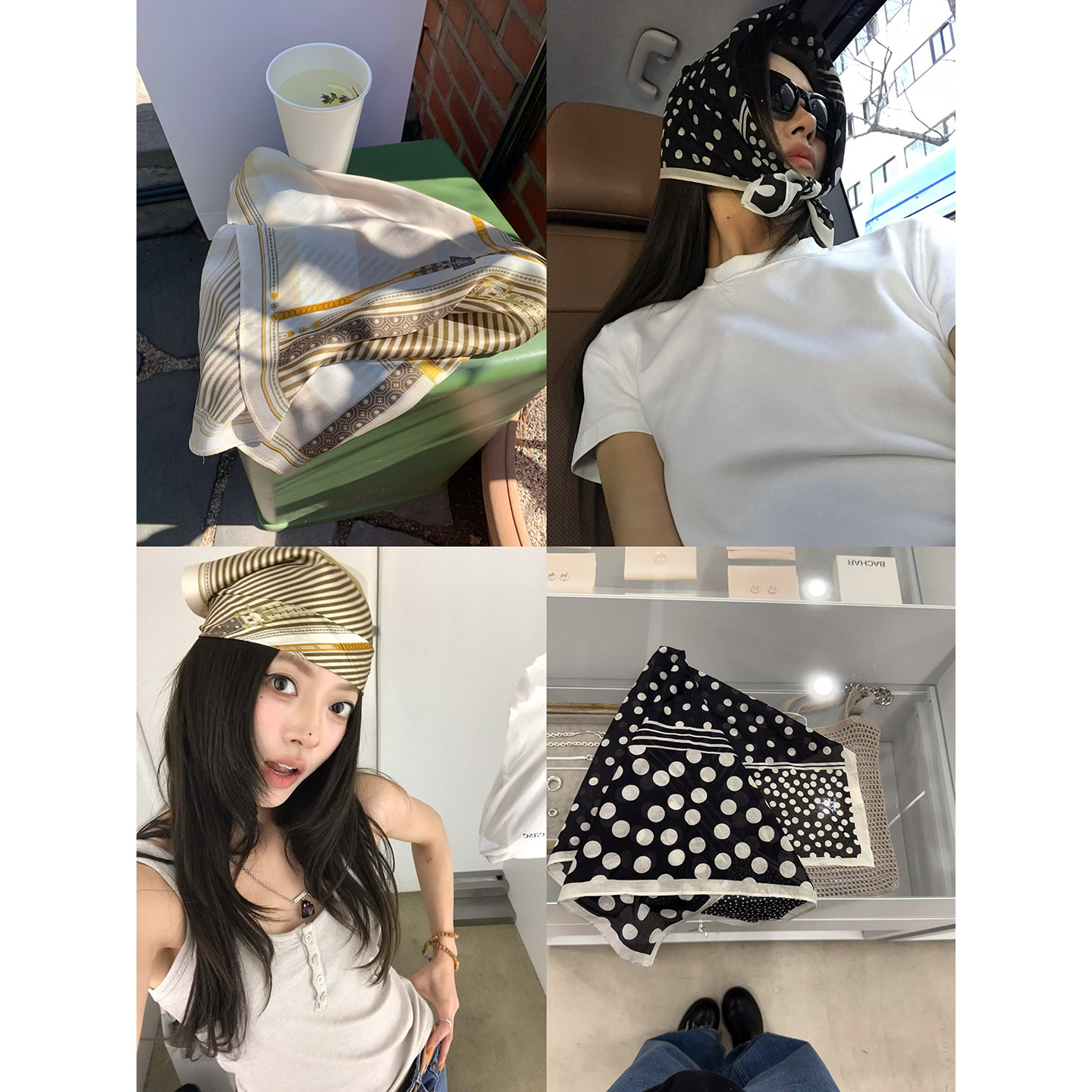 牙套大汪【小方巾】不规则小波点+格纹 大牌感小方巾丝带配饰